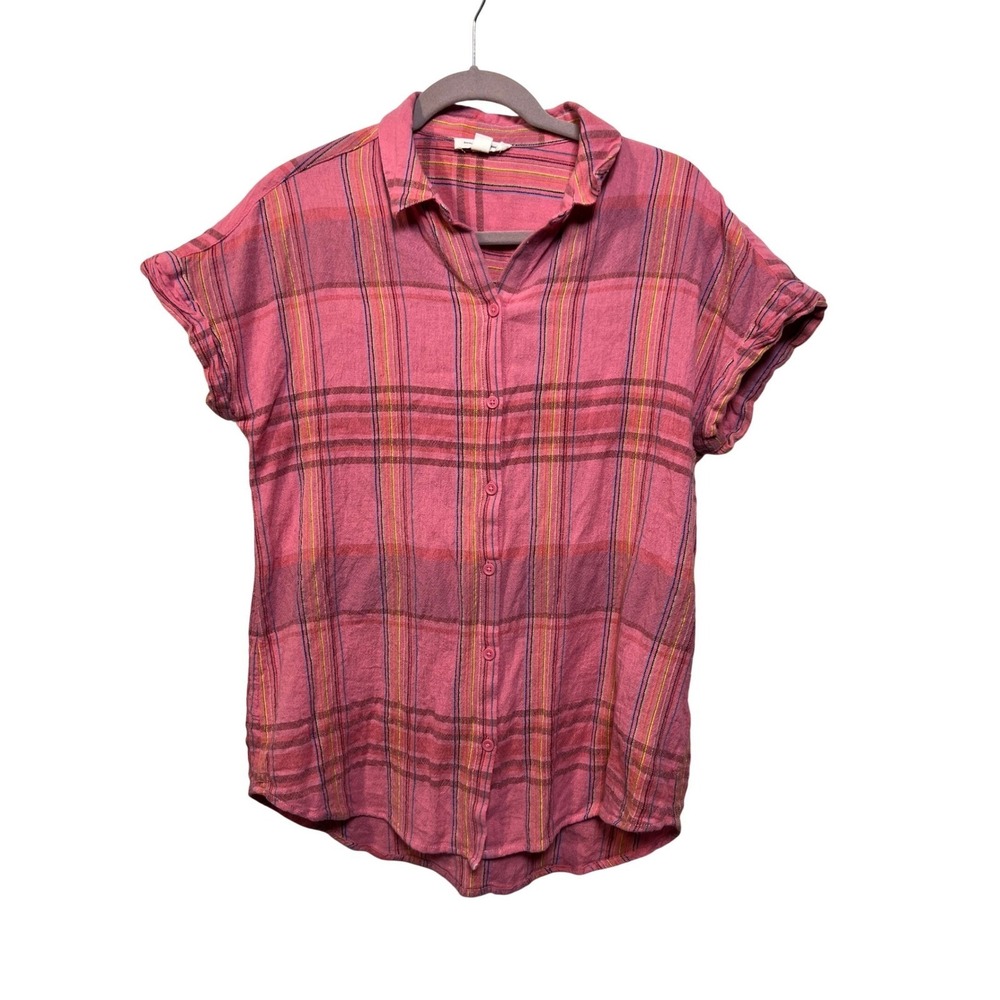 Beachlunchlounge Womens Shirt Plaid Button Down Medium Pink Short Sleeve